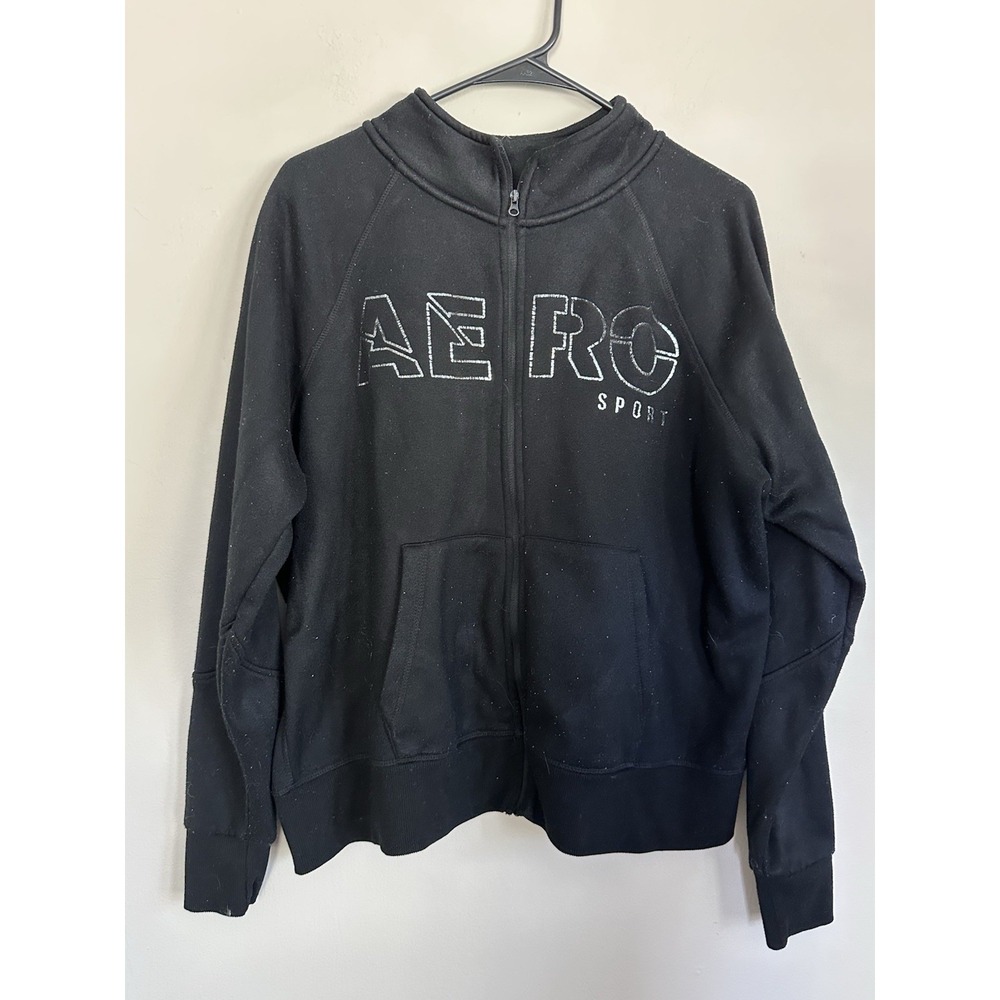 Aéropostale Aero Sport Full Zip Sweatshirt Black 1X XL Cotton Fleece Logo 2000s
